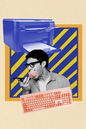Creative artwork template sketch image 3D collage of young man talk smartphone paper ball trash...