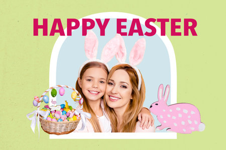Creative photo collage picture young woman kid mother together easter celebration basket painted...