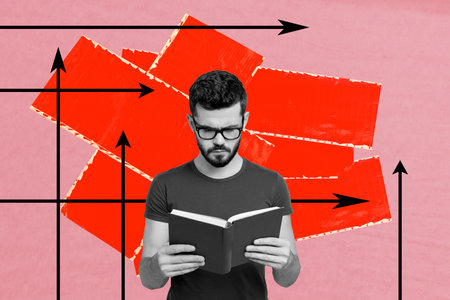 Composite trend sketch image photo collage of arrow way direction point route young guy geek eyewear read book education student knowledgeの写真素材