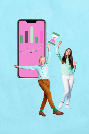 Vertical sketch 3d collage poster of two happy business partners woman man stand phone screen chart development hourglass deadlineの写真素材