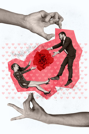 Vertical photo collage of two happy girl guy rose flower valentine day celebration holiday date couple isolated on painted backgroundの写真素材