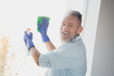 Smiling Elderly Man Cleaning a Window at Home Wearing Gloves and a Striped Shirt During Daylightの写真素材