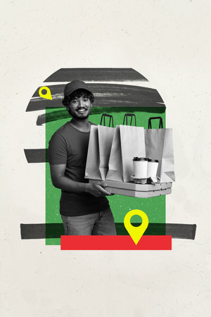 Composite sketch design artwork photo collage of young man hold pizza box food togo cup drink customer service delivery post online orderの写真素材