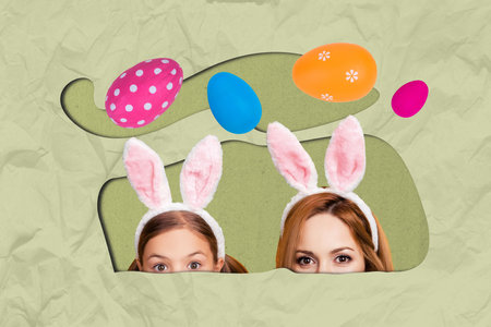 Composite photo collage of small girl daughter young mom peek easter egg hunt bunny headband ears...