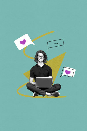 Poster image vertical photo collage of happy guy hold laptop heart icon receive notification like social media feedback valentineの写真素材