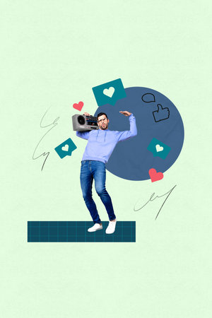 Exclusive image vertical photo collage of happy guy dance heart icon blogging reaction popular feedback social media likeの写真素材