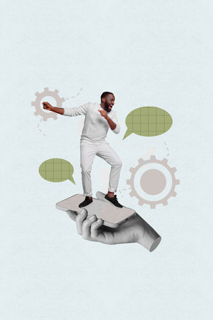 banner creative collage of young guy dance on screen phone with textbox chattingの写真素材