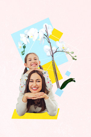 Trend artwork banner sketch 3D photo collage of portrait young woman hand hold head girl smile orchid flower motherhood spring season dayの写真素材