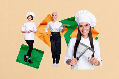Template collage design trend artwork 3D sketch of human resources worker lady team restaurant chef waiter wear uniform hold burgerの写真素材