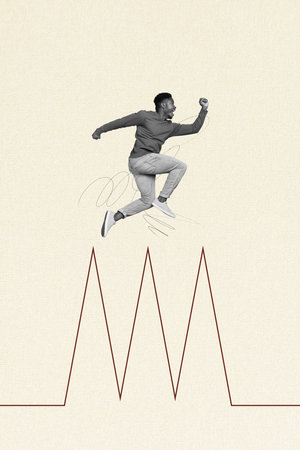 Trend template sketch design 3D photo collage of line peak abstract space african race young man run...