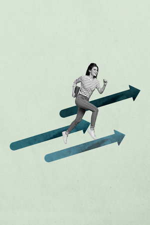 Trend image vertical photo collage of happy businesswoman run arrow development pointer success career growth concept carry laptopの写真素材