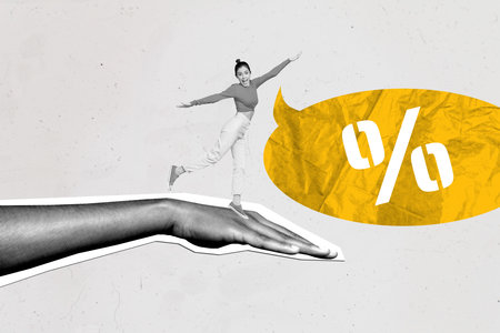 Composite art 3d creative image collage of happy girl stand human hand speak bubble percentage symbol bargain offer black fridayの写真素材