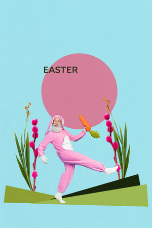 Vertical creative collage picture happy retired man grandfather rabbit pink costume hold carrot environment easter celebration postcardの写真素材