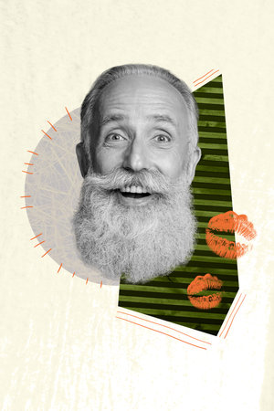 Vertical photo collage of astonished happy old pensioner man lipstick mouth lips kiss print romantic isolated on painted backgroundの写真素材