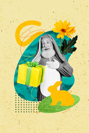 Vertical photo collage retired pensioner giftbox rabbit beautiful daisy flowers blossom animal...