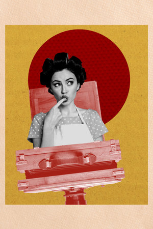 Poster image art vertical photo collage of happy housewife pouted lips peek retro camera shooting device photo-zoneの写真素材