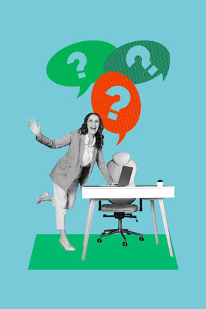 Vertical sketch 3d artwork collage poster of happy old businesswoman stand workplace table laptop supplies question mark dilemmaの写真素材