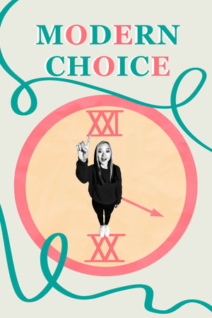 Sketch contemporary photo collage of happy girl stand spring clock deadline limit spring holiday celebration modern choiceの写真素材