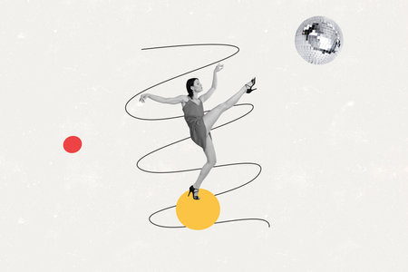 Creative sketch collage of serious girl choreographer dance twine vintage entertainment relax weekend occasion chill disco ballの写真素材