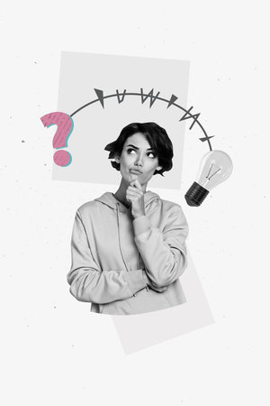 Trend artwork banner sketch 3D photo collage of young lady stand think face question symbol jigsaw startup idea lamp creative solutionの写真素材