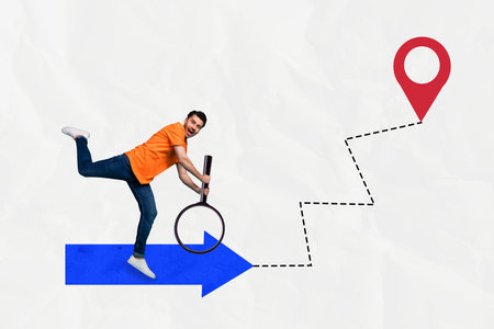 Poster sketch image artwork 3D photo collage of young man stand arrow hand hold zoom glass route way point aim development graphics tradeの写真素材