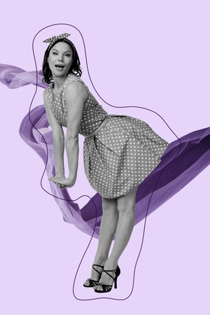 Exclusive image vertical photo collage of happy girl dance pinup party celebration event wear dotted dress weekend entertainmentの写真素材