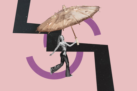 Art 3d sketch collage of happy hipster girl wear glowing cloth carry umbrella modern vs past baroque era vintage parasol rainの写真素材
