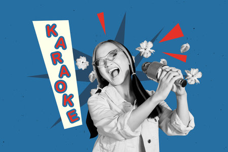 Sketch template design 3D photo collage composite of young lady sing song karaoke hold microphone asia traditional eastern culture flowerの写真素材