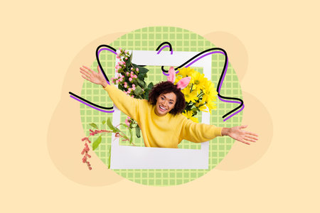 Composite photo collage of happy american girl instagram photo post flowers bloom easter tradition isolated on painted backgroundの写真素材