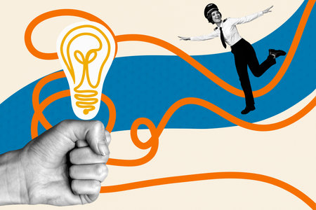 Collage poster template trend artwork sketch of hand fist hold lamp electric solution mind decision eureka creative pilot young lady walkの写真素材