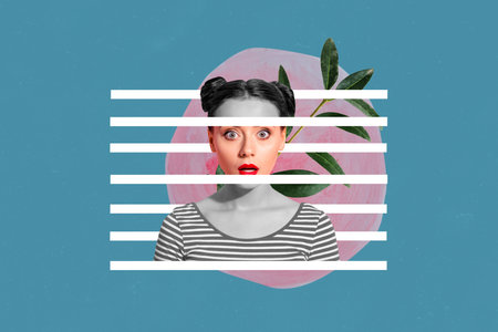 Composite image montage trend 3D collage of young lady portrait cross line fragment green leaves nature emotion face astonished speechlessの写真素材