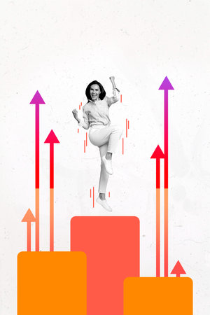 Art image vertical photo collage of excited girl jump career ladder pedestal arrow development statistics trade aim achievementの写真素材