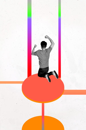 Art image vertical photo collage of anonym businessman jump art doodle figurine abstract geometry career promotion successの写真素材