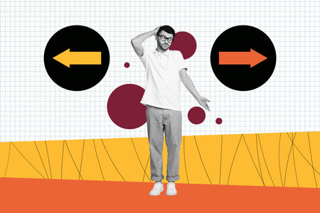 Trend artwork banner sketch 3D photo collage of young man sit confused choose direction arrow route...