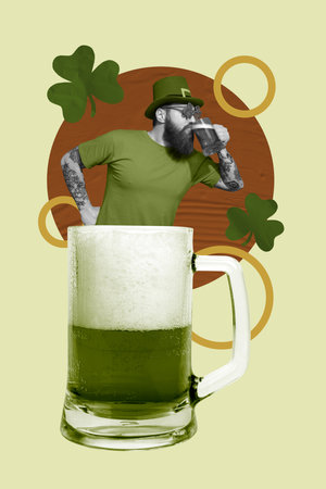 Full 3d photo image collage of happy guy drink beer beverage pub celebration saint patrick irish holiday lemonade chill partyの写真素材