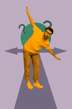 Vertical 3d artwork collage of shocked guy stand path arrow pointer turn question mark dilemma choice decision developmentの写真素材