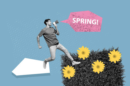 Composite trendy magazine photo collage of happy man scream megaphone promote information spring season chrysanthemum bushの写真素材