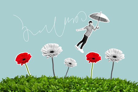 Contemporary art collage of happy man fly umbrella spring season park walk nature gerbera bloom...
