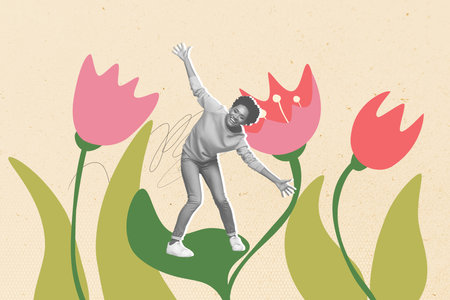 Creative sketch art collage of happy american girl stand tulips bunch blossom flowers bud celebration spring season eventの写真素材