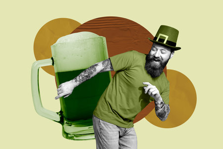 Exclusive sketch collage of happy guy dance big beer glass pub celebration event alcohol chill saint patrick day irish traditionの写真素材