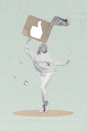 Creative poster collage of girl dancing under hand hold like buttonの写真素材