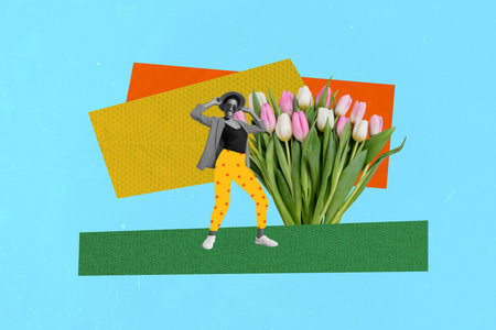 Composite collage trend artwork template design of woman day flower season tulip bloom botanical young lady style outfit pants dance smileの写真素材