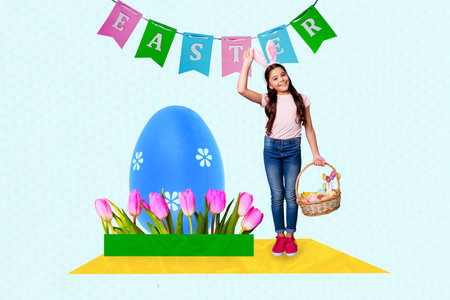 Sketch 3D collage of preteen age young girl stand hold bbasket collect eggs bunny ears festive tradition christianity family easter springの写真素材