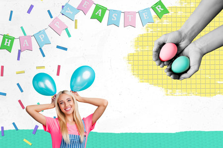 Composite photo collage of happy blonde girl hold air balloon sprinkles garland hand offer paint easter egg isolated on painted backgroundの写真素材