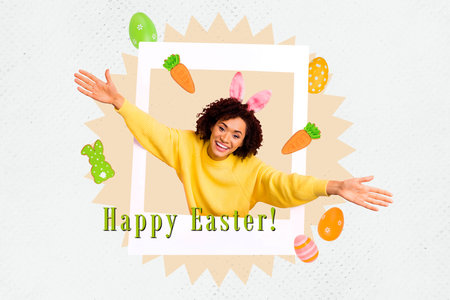 Composite photo collage of happy smile girl peek photo shoot hands easter egg pastry bunny ears isolated on painted backgroundの写真素材