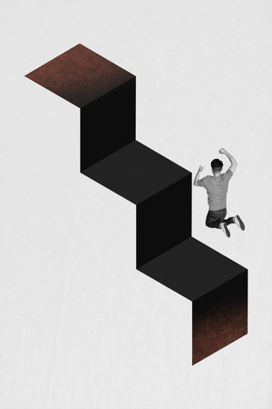 Vertical artwork trend collage of excited businessman jump career ladder development concept receive promotion winning goalの写真素材