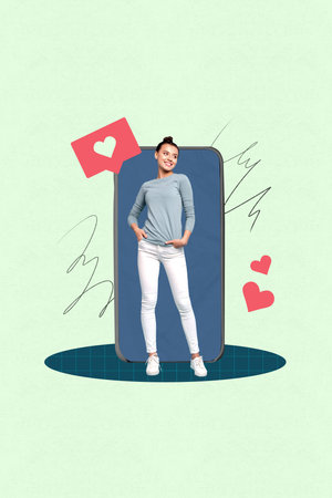 Poster image vertical photo collage of happy girl stand big smartphone screen heart notification social media feedback likeの写真素材