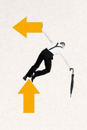 Art image vertical photo collage of happy businessman stand back hold umbrella dance arrow statistics development aim achievementの写真素材