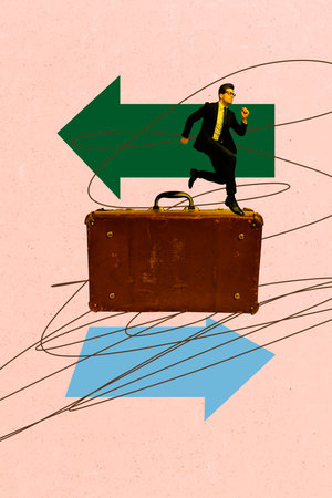Poster photo vertical collage of serious businessman run arrow turn pointer career development suitcase relocation conceptの写真素材