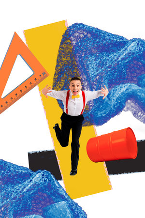 Art image vertical collage of happy businessman receive barrel income finance environment pollution ruler supplies plasticの写真素材